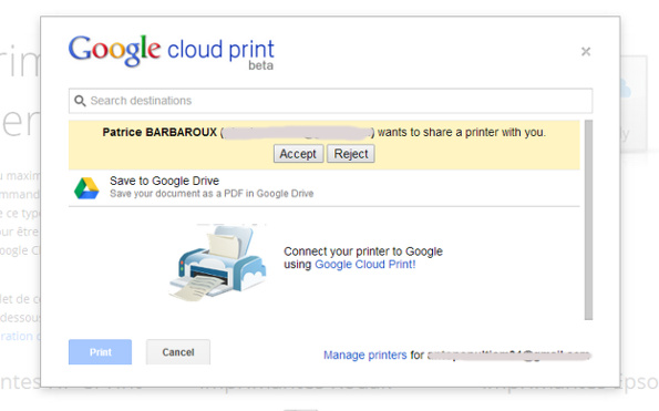 Partager une imprimante google cloud print : accepter invitation